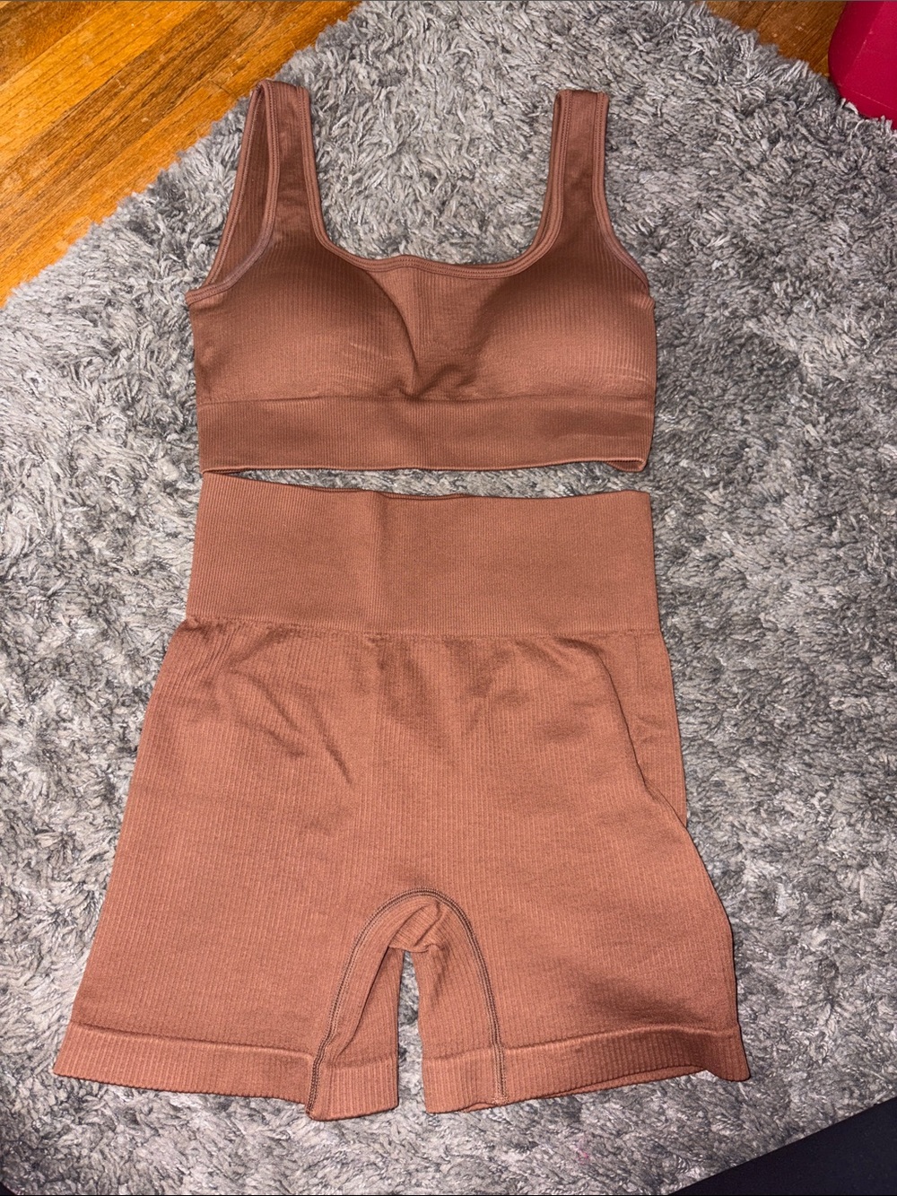 Amazon Ribbed Seamless Crop Bralette and High-Waist Shorts Set - Brown